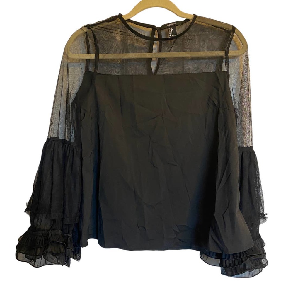 Forever 21 Black Sheer Flared Long Sleeve Blouse Size Small